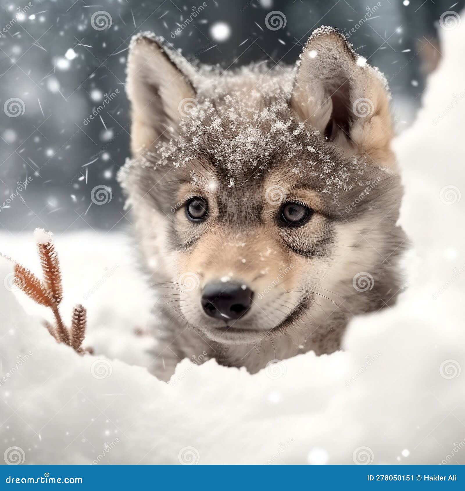 Cute Baby Wolf Puppy Playing in Winter Snow Portrait. Generative AI