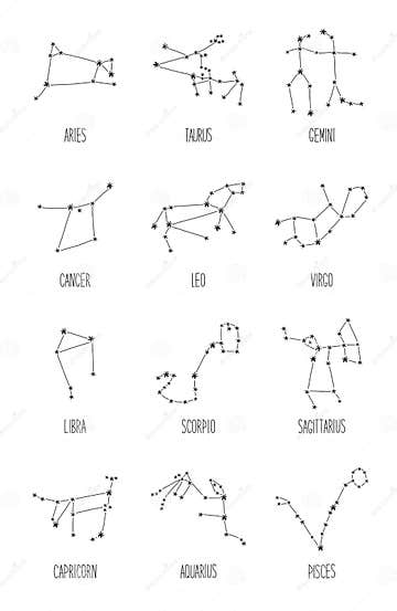 Cute Background with Schematic Hand Drawn Zodiac Constellations Stock ...