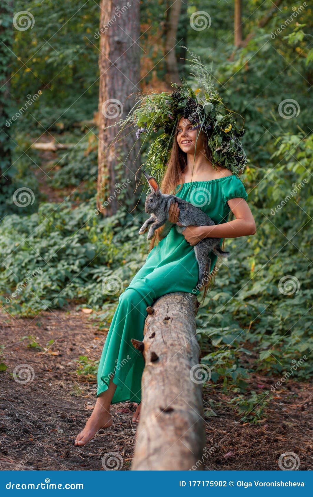 https://thumbs.dreamstime.com/z/cute-barefoot-girl-long-green-dress-wreath-her-head-sits-forest-gray-rabbit-arms-vertical-portrait-177175902.jpg