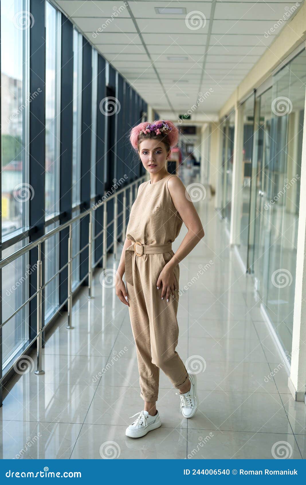 Cute Barefoot Woman in Brown Clothes Posing Inside Business Center ...