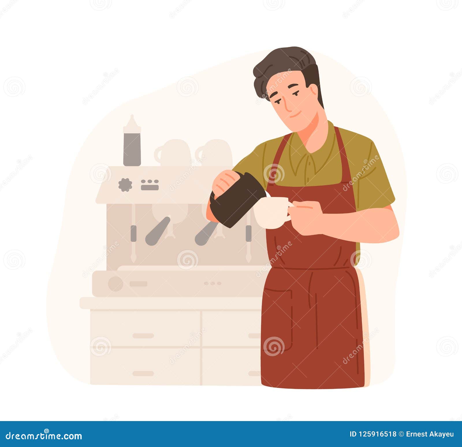 cute barista making cappuccino at cafe or coffeeshop. smiling young man in apron adds cream or milk in coffee. male