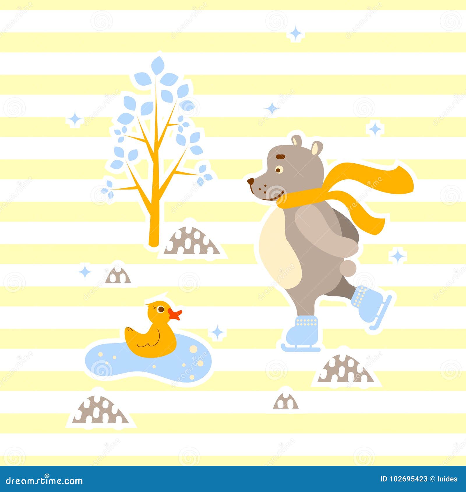cute bear and duck friends ice-skating   for print.