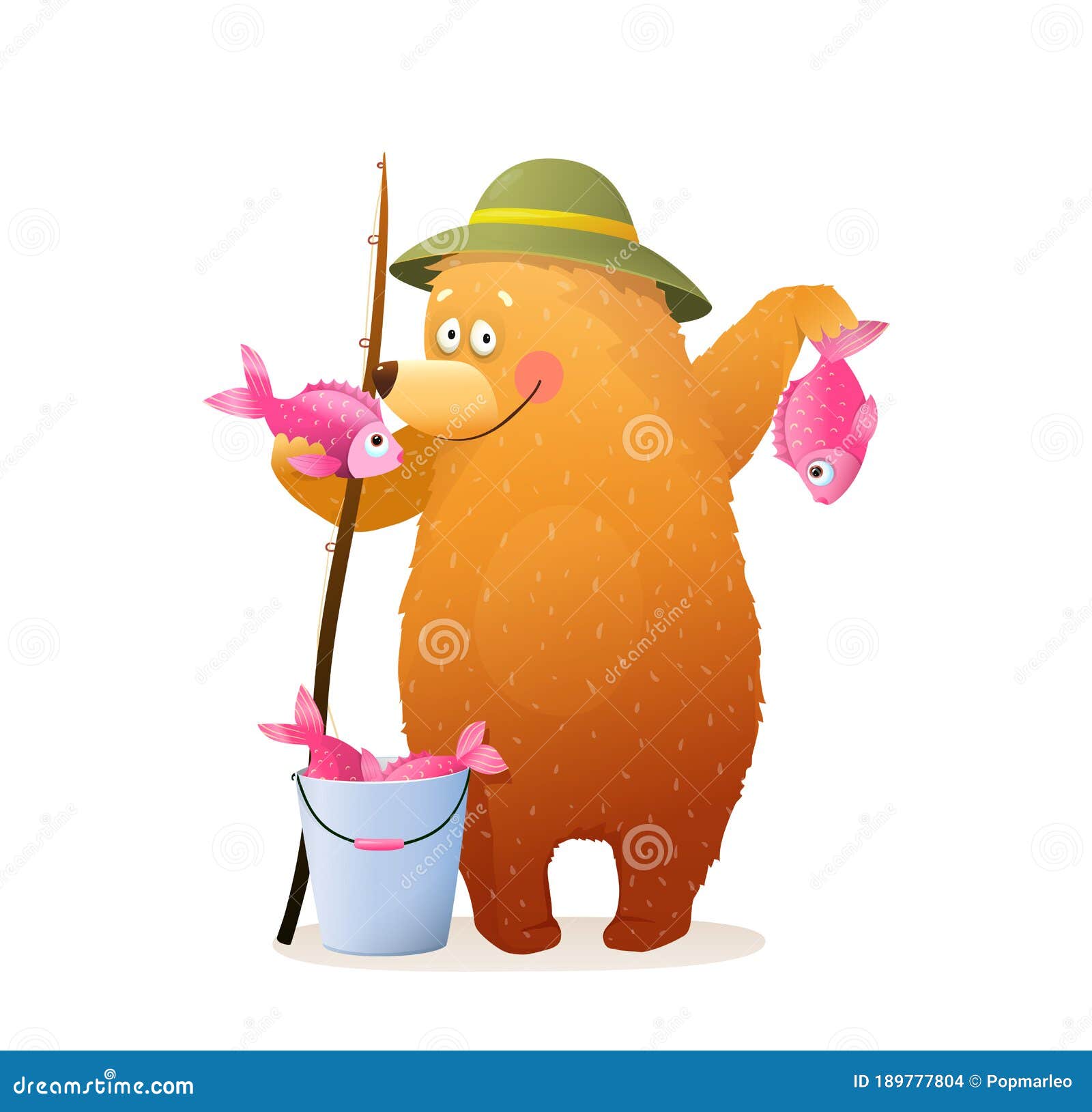 Bear Cub Fisherman Character with Fish Cartoon Stock Vector