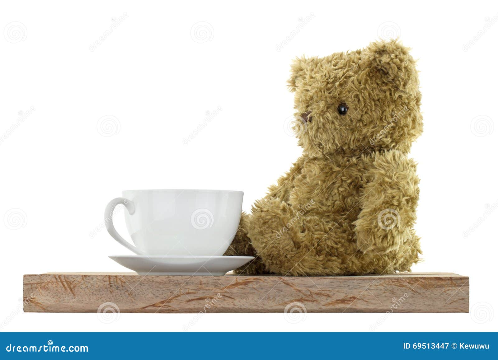 Cute Bear Sitting Next To White Hot Coffee Mug on Wooden Floor Stock ...