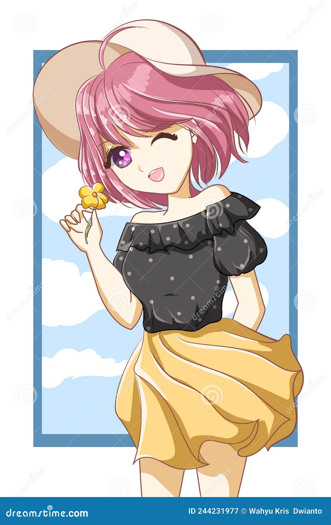 Cute and Beautiful Girl Pink Hair with Hat in the Summer Character
