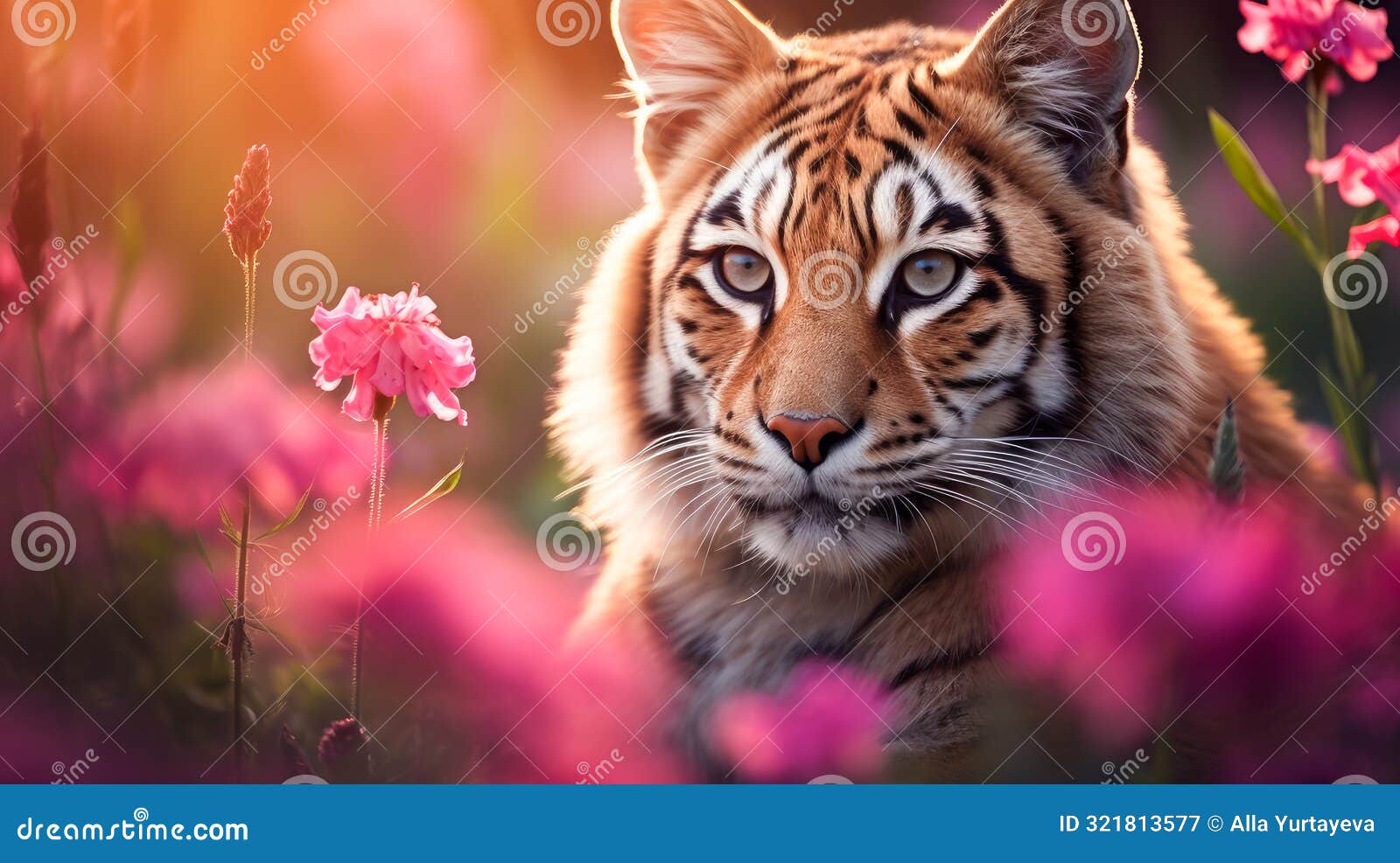 cute, beautiful tiger in a field with flowers in nature, in sunny pink rays.