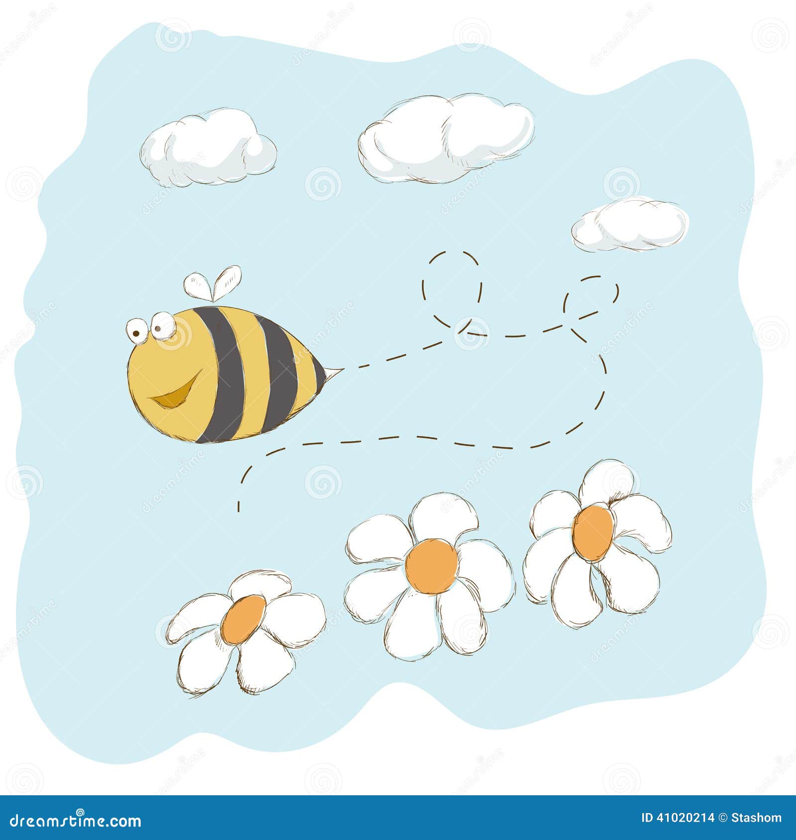 Cute bee flying around flowers. Vector illustration, EPS10.