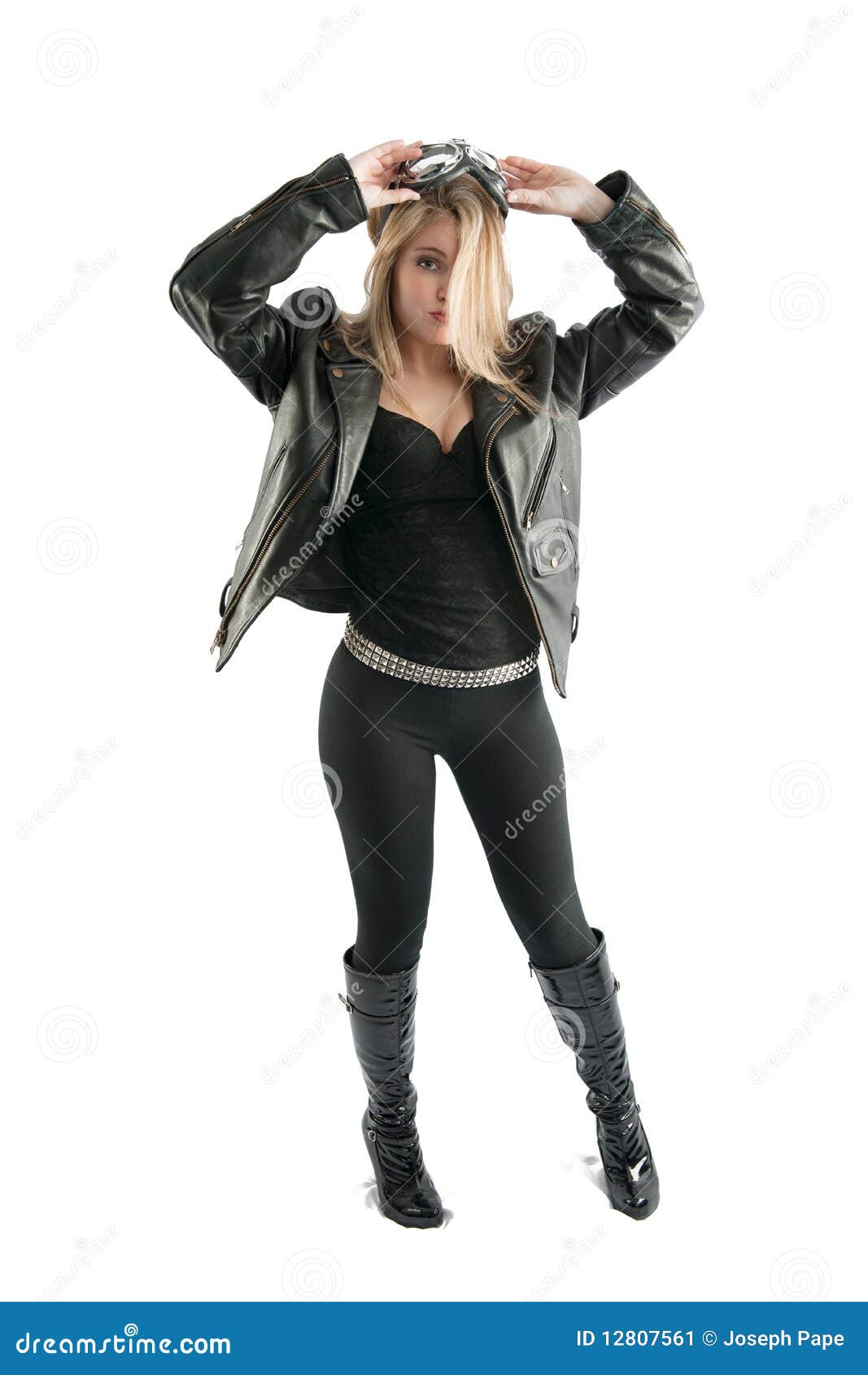 Cute Biker Girl in Black, Leather Jacket, Goggles. Stock Image - Image ...