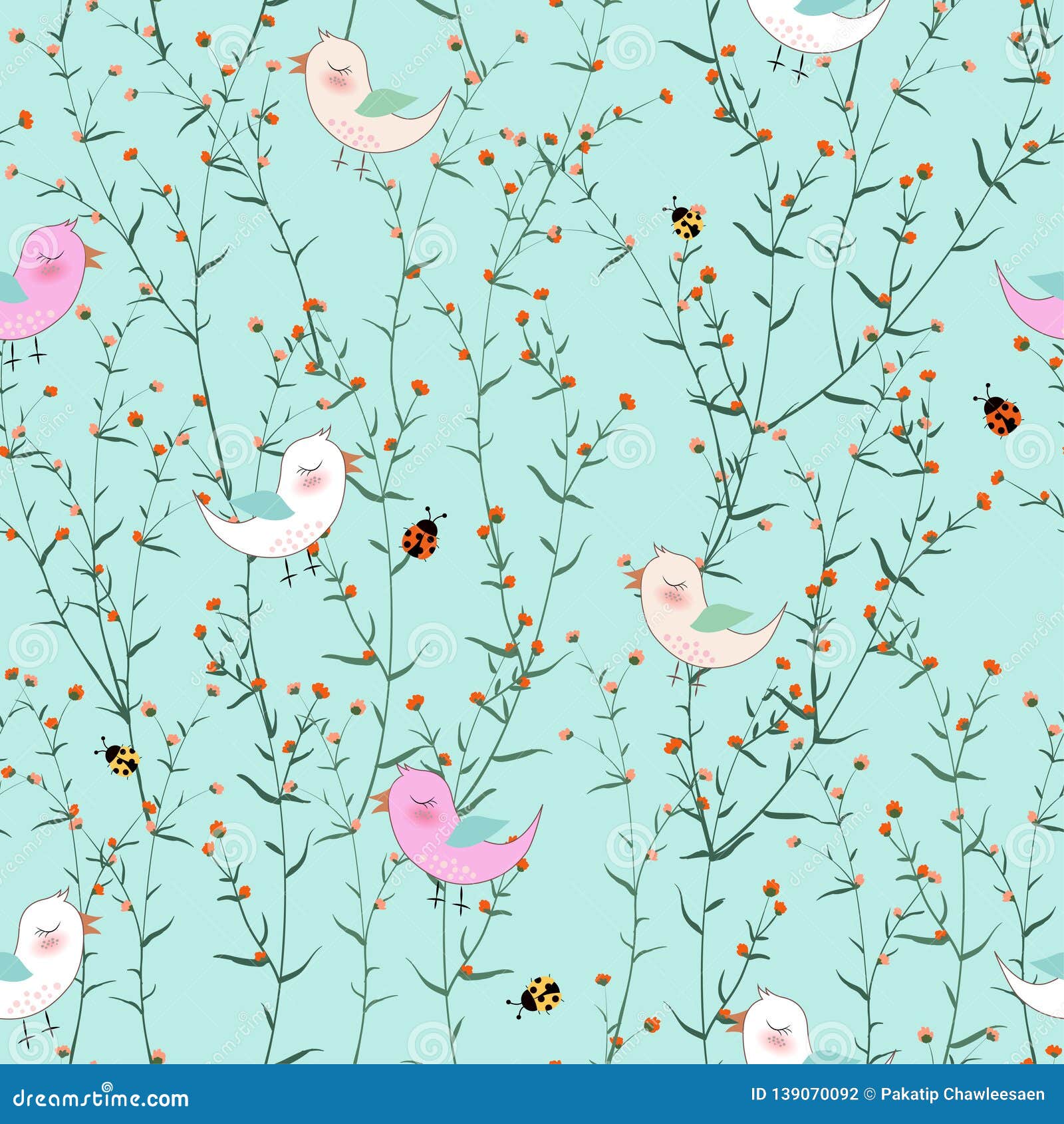 Cute Birds In Blooming Flowers Garden On Pastel Blue Background For Fabric Textile Print Or Wallpaper Stock Vector Illustration Of Bird Background 139070092