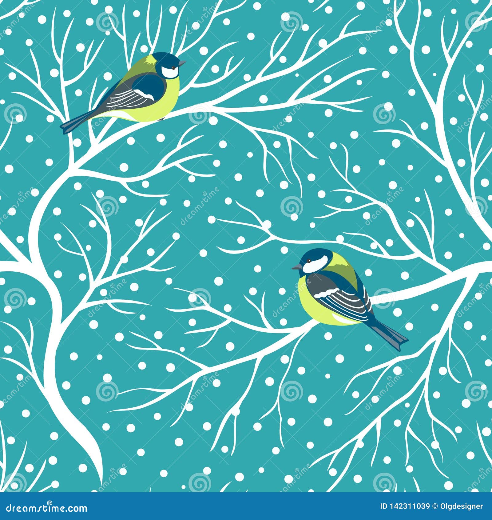 cute birds titmouse parus on snowy trees seamless pattern
