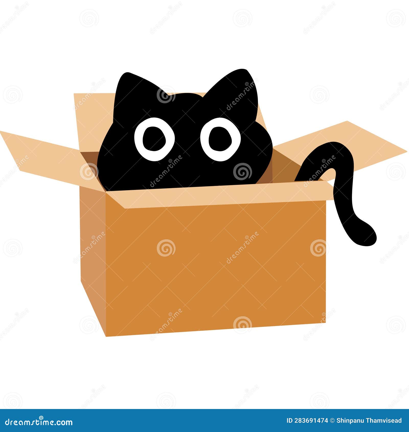 Cute Black Cat in Cardboard Box. Cat is Looking Out of a Box Stock