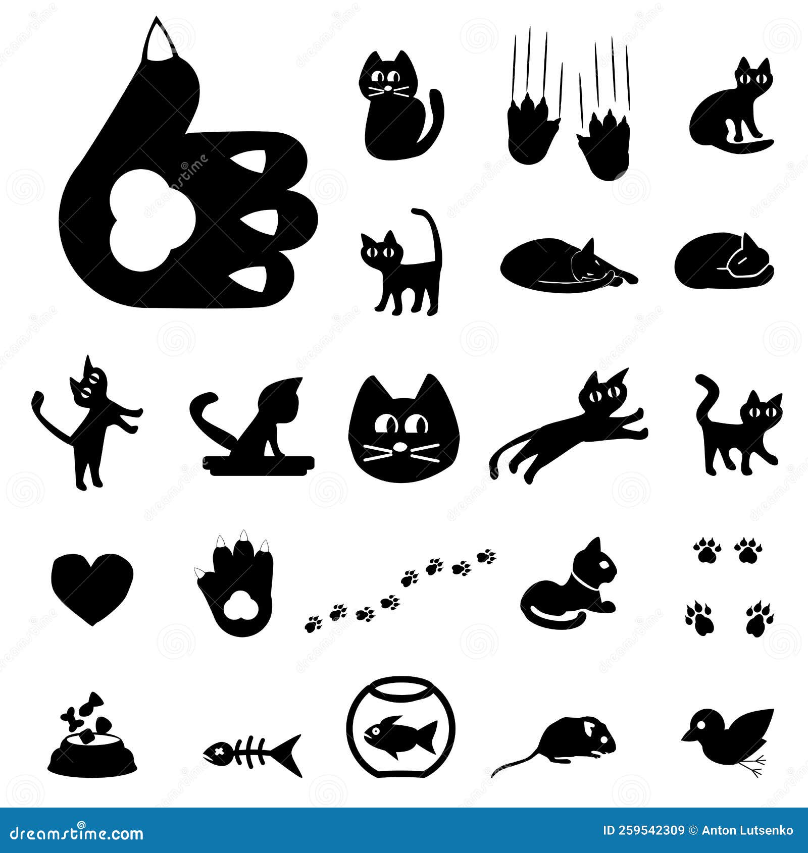 Cute Black Cat Icons or Symbols, Vector Set. Collection of Funny Looking  Cats Stock Vector - Illustration of symbol, icon: 259542309