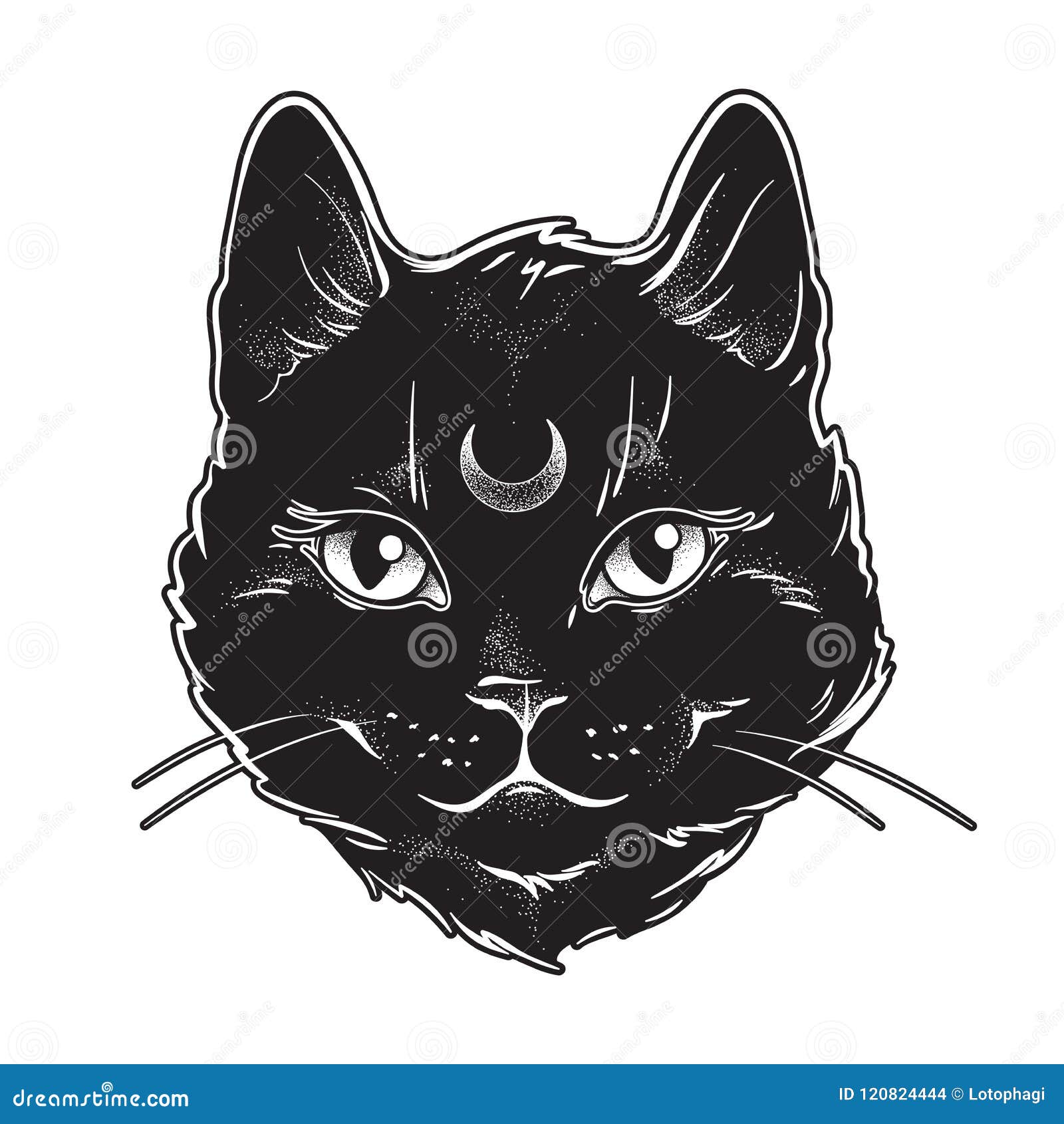 cute black cat with moon on his forehead line art and dot work. wiccan familiar spirit, halloween or pagan witchcraft theme tapest
