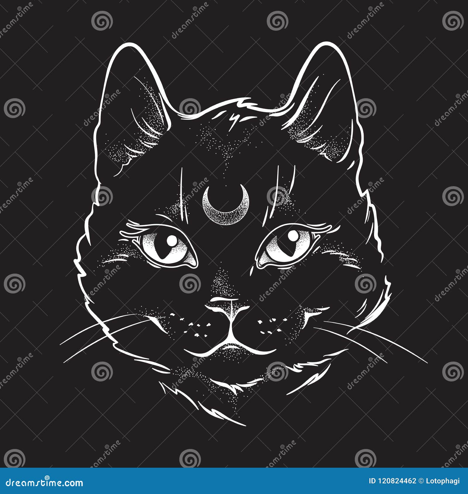 cute black cat with moon on his forehead line art and dot work. wiccan familiar spirit, halloween or pagan witchcraft theme tapest
