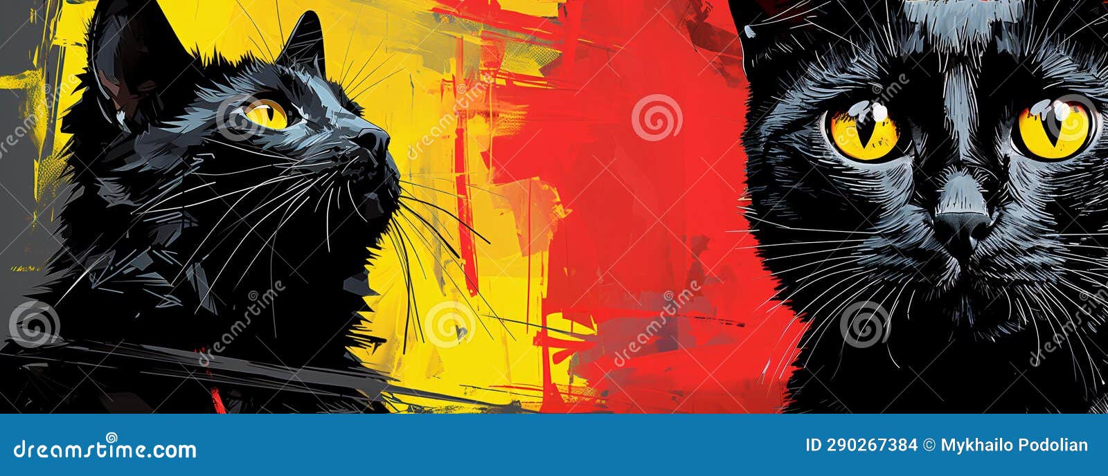 Cute Black Cats on a Yellowred Background AI Generated Stock