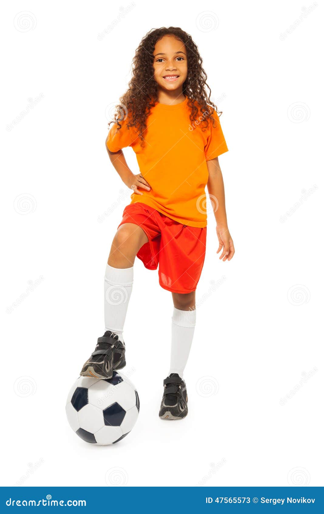 Cute Black Girl Stand on Soccer Ball in Studio Stock Image - Image of ...