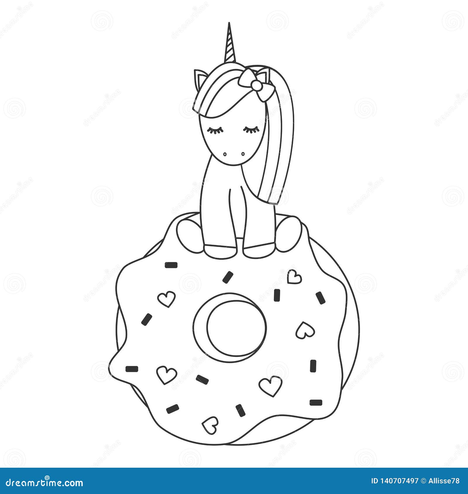 Cute Vector Black and White Cartoon Lovely Unicorn Sitting on a Big