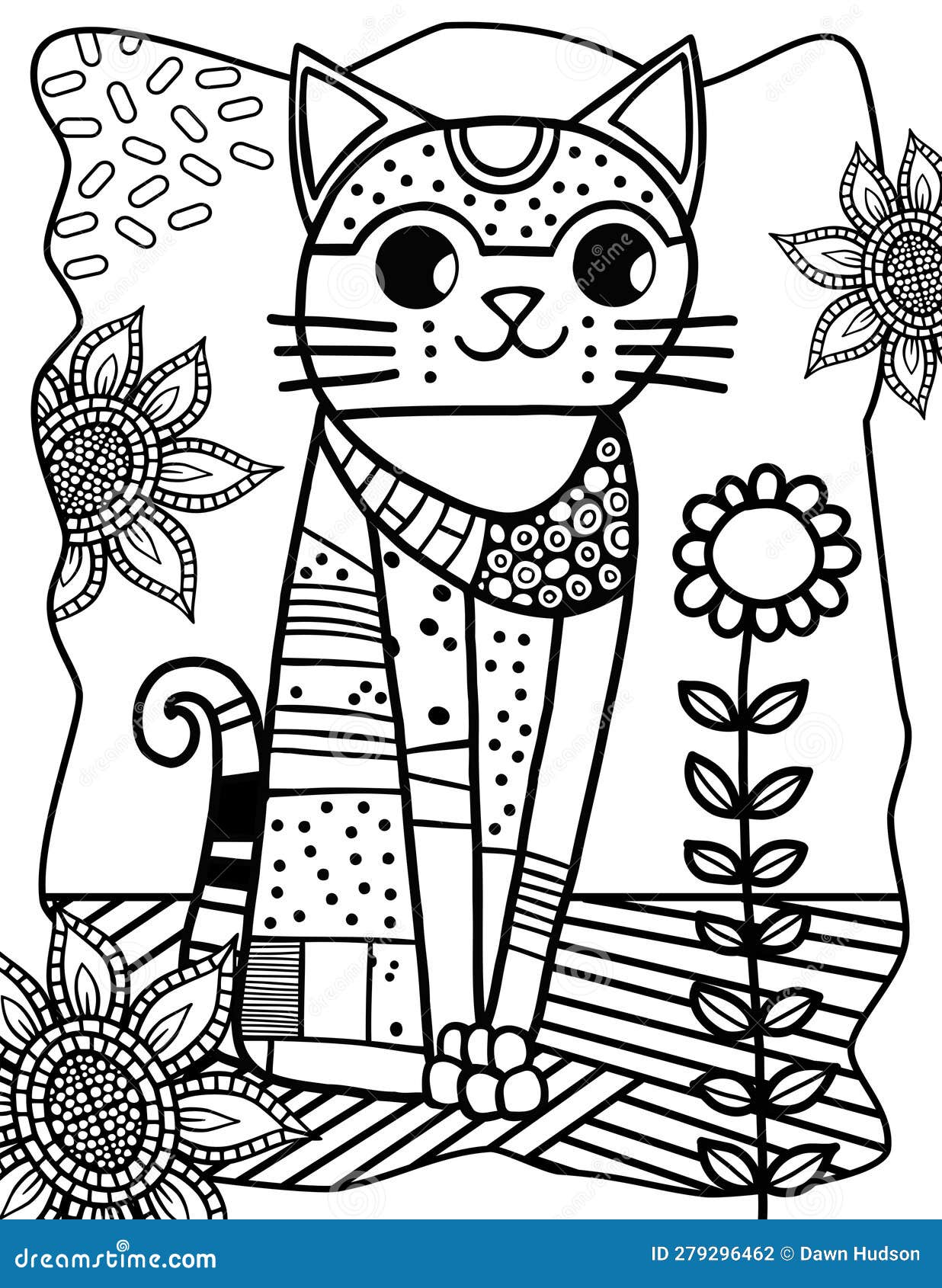 Patchwork Cat in the Garden Fun Coloring Page Portrait Stock Vector ...