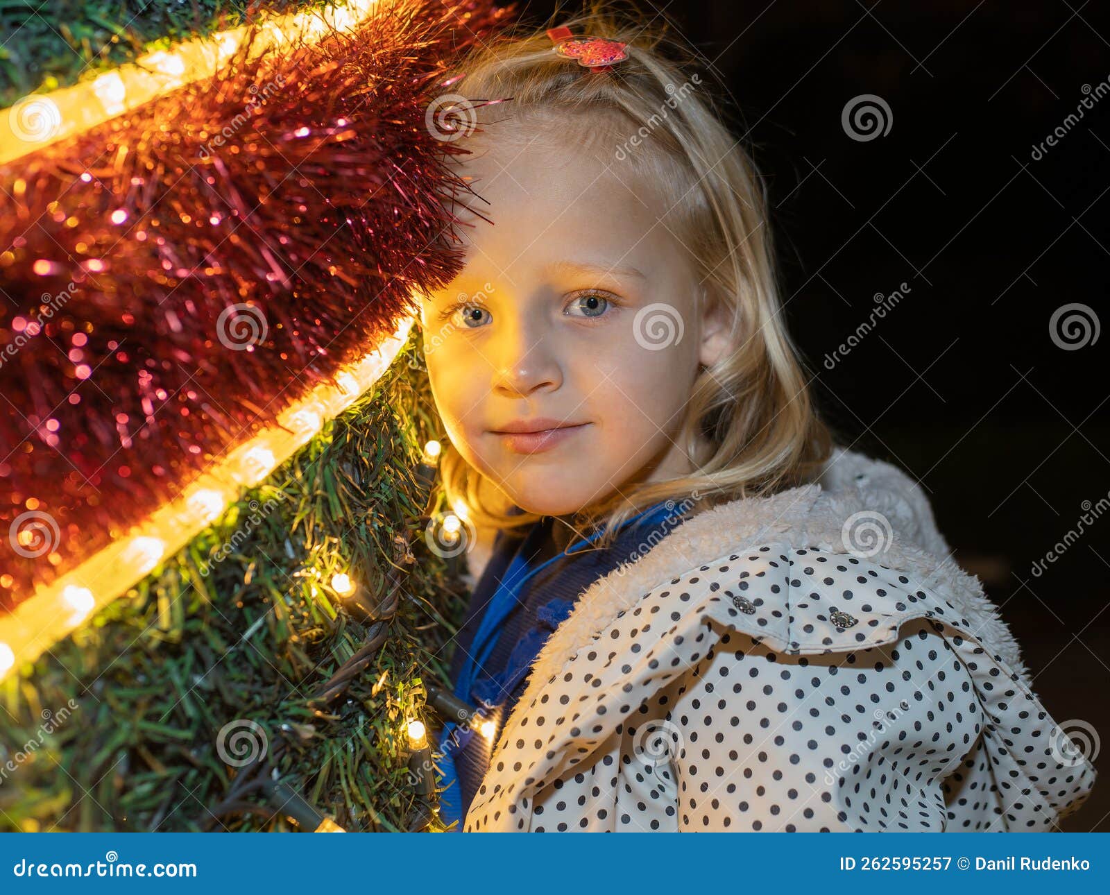 Blond Girl Leaning on Christmas Tree with Garlands Stock Image - Image ...