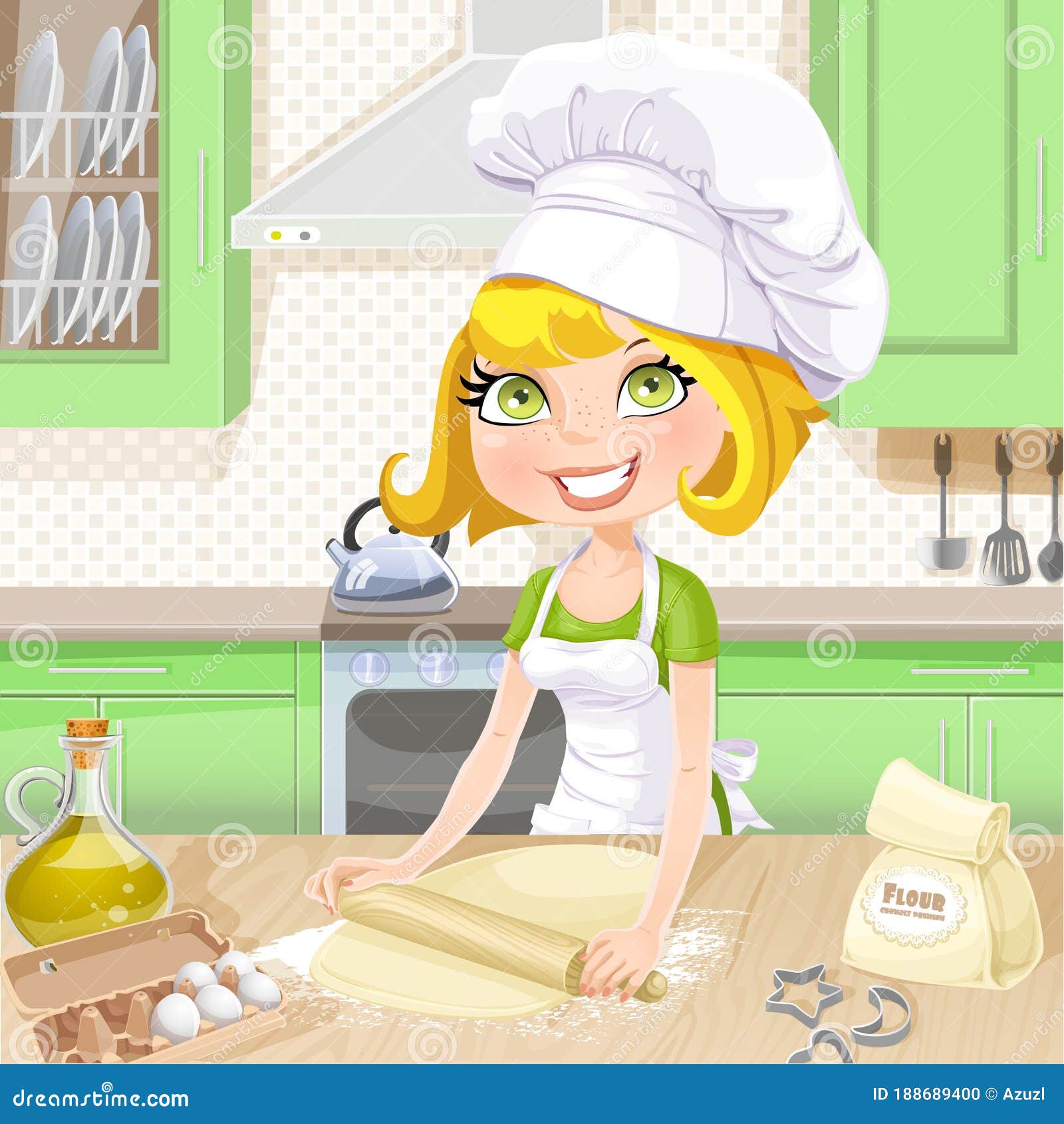 Cute Blond Girl Baking Cookies on Kitchen Stock Illustration