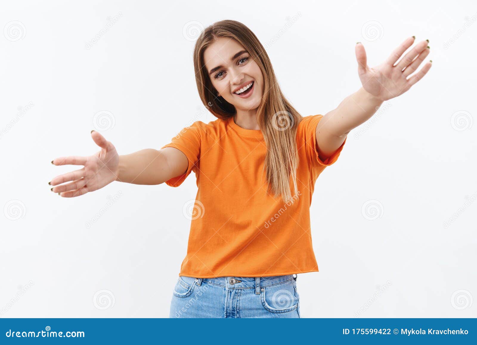 Cute Blond Girl Inviting You For Hug Extend Hands In Warm Welcome