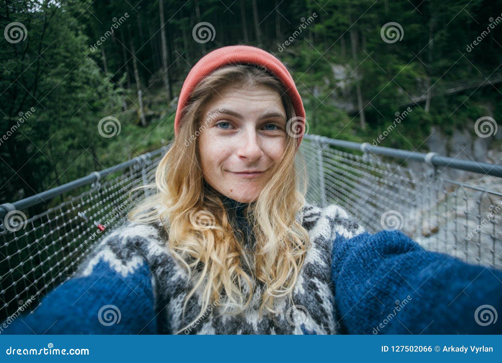 Cute Blonde Woman Makes Selfie In Forest Stock Photo Image Of