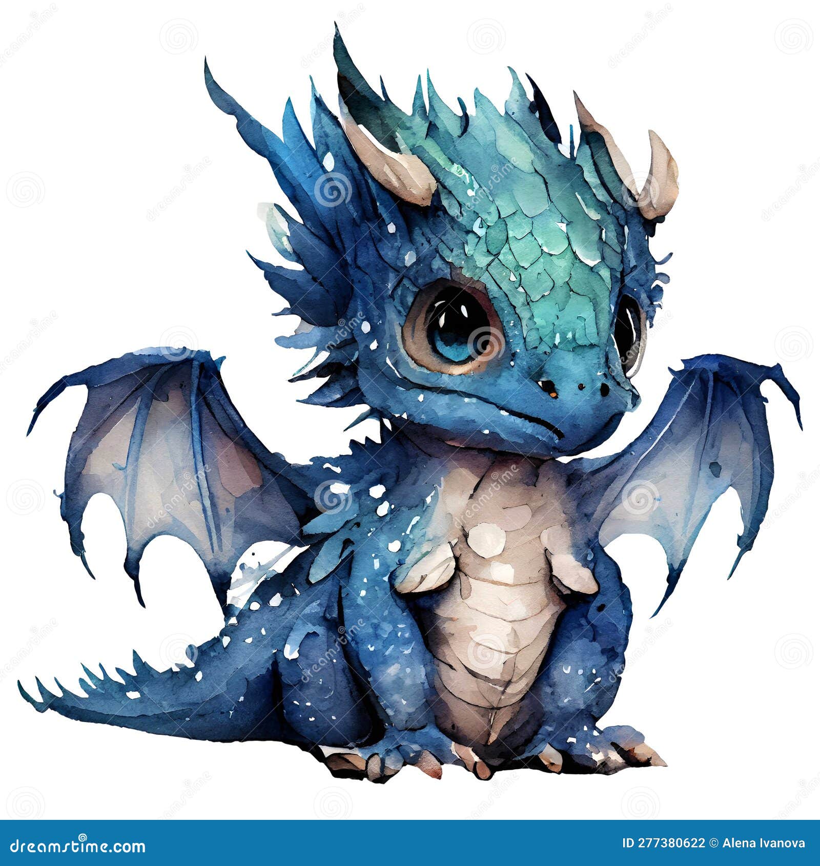 Cute Blue Baby Dragon Sitting Isolated on White. Watercolor Style ...