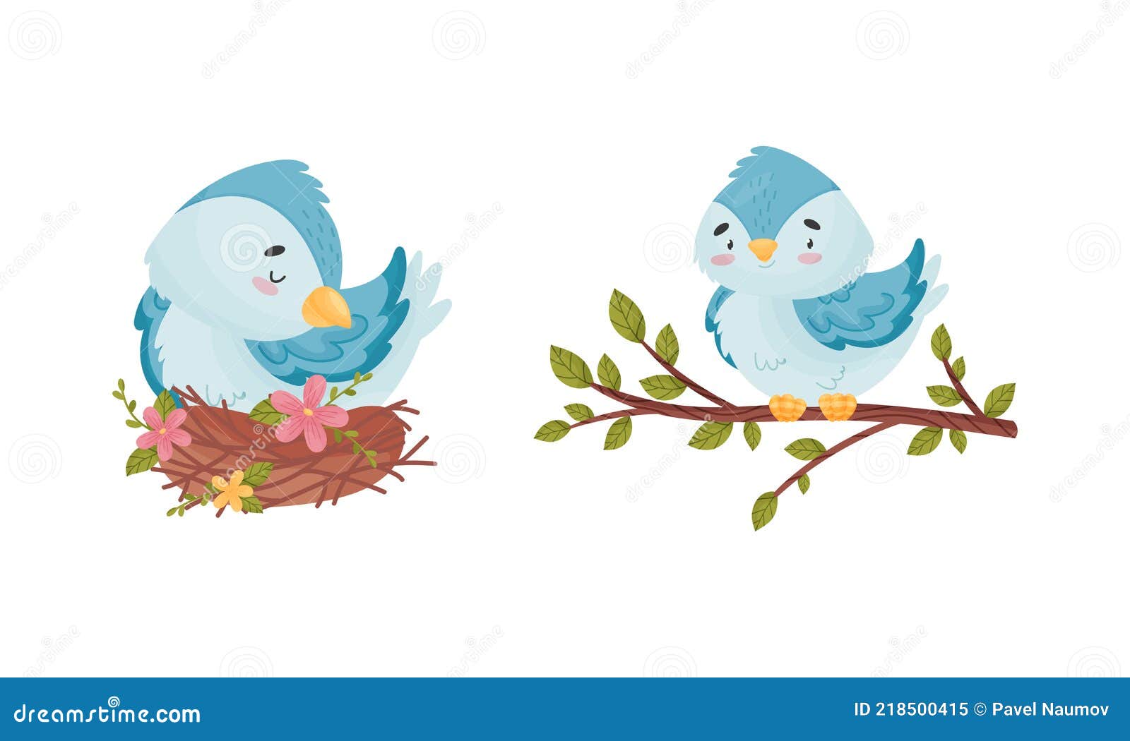 Cute Blue Bird Sitting in the Nest and on Tree Branch Vector Set Stock ...