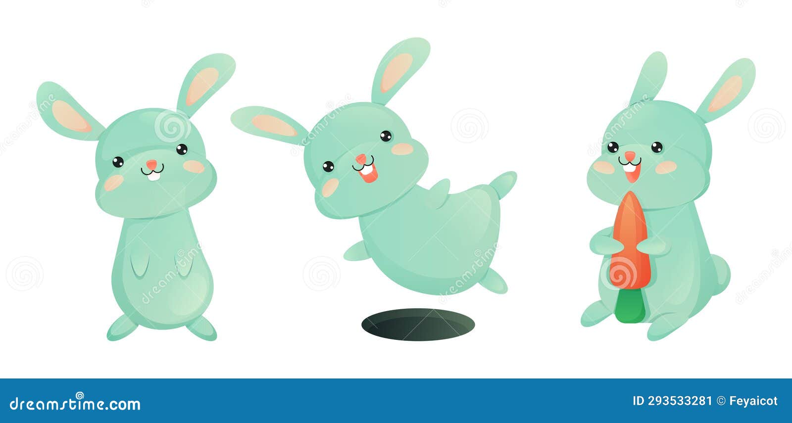 Set with Cute Little Rabbits: Isolated Rabbits on a White Background ...