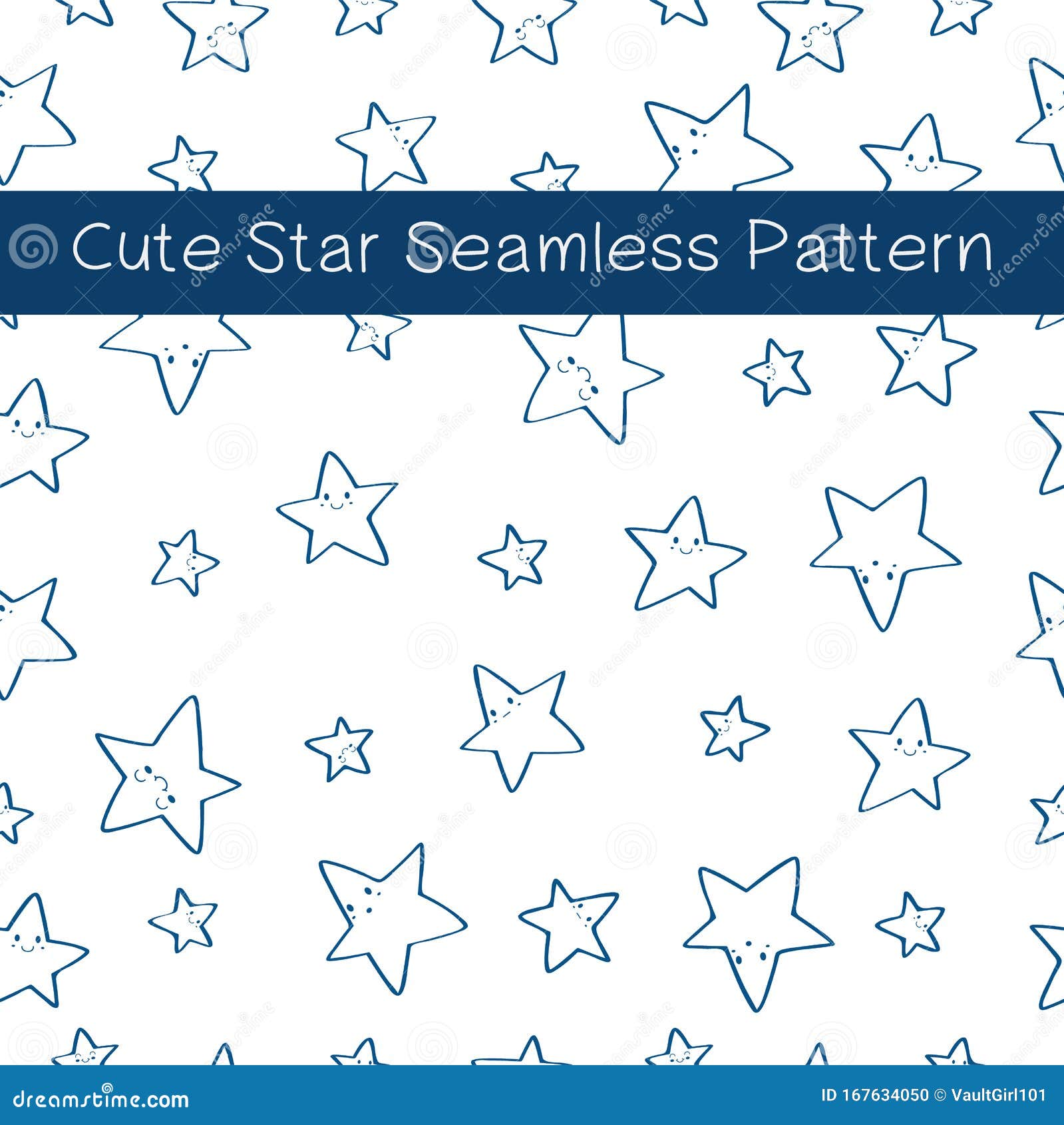 Cute Blue Line Stars Seamless Pattern on White Background Vector Design
