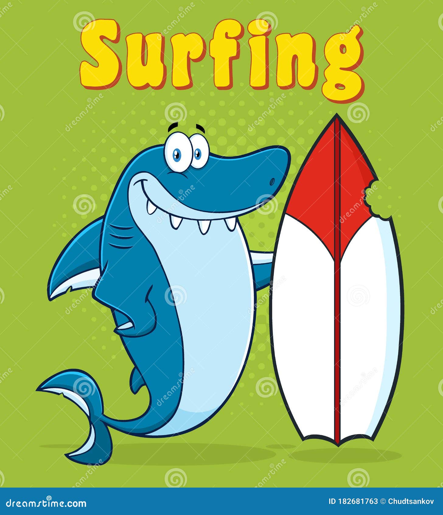 Cute Blue Shark Cartoon Mascot Character With Surfboard Stock