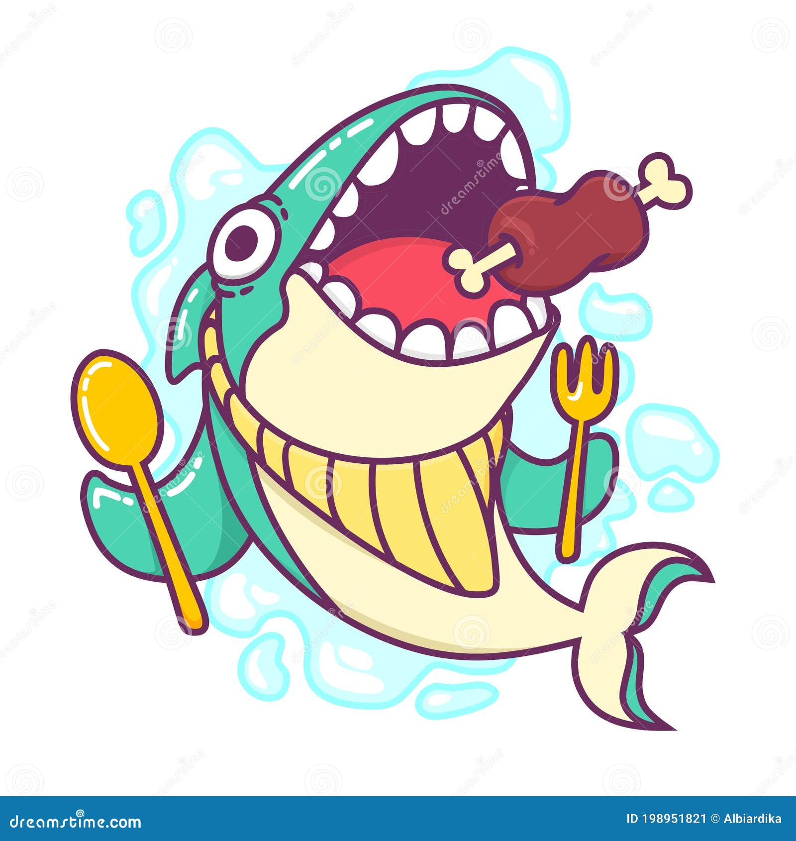Cute Blue Shark Jaw Eat Meat Meal Cartoon Doodle Flat Design Style Stock  Vector - Illustration of fish, cute: 198951821