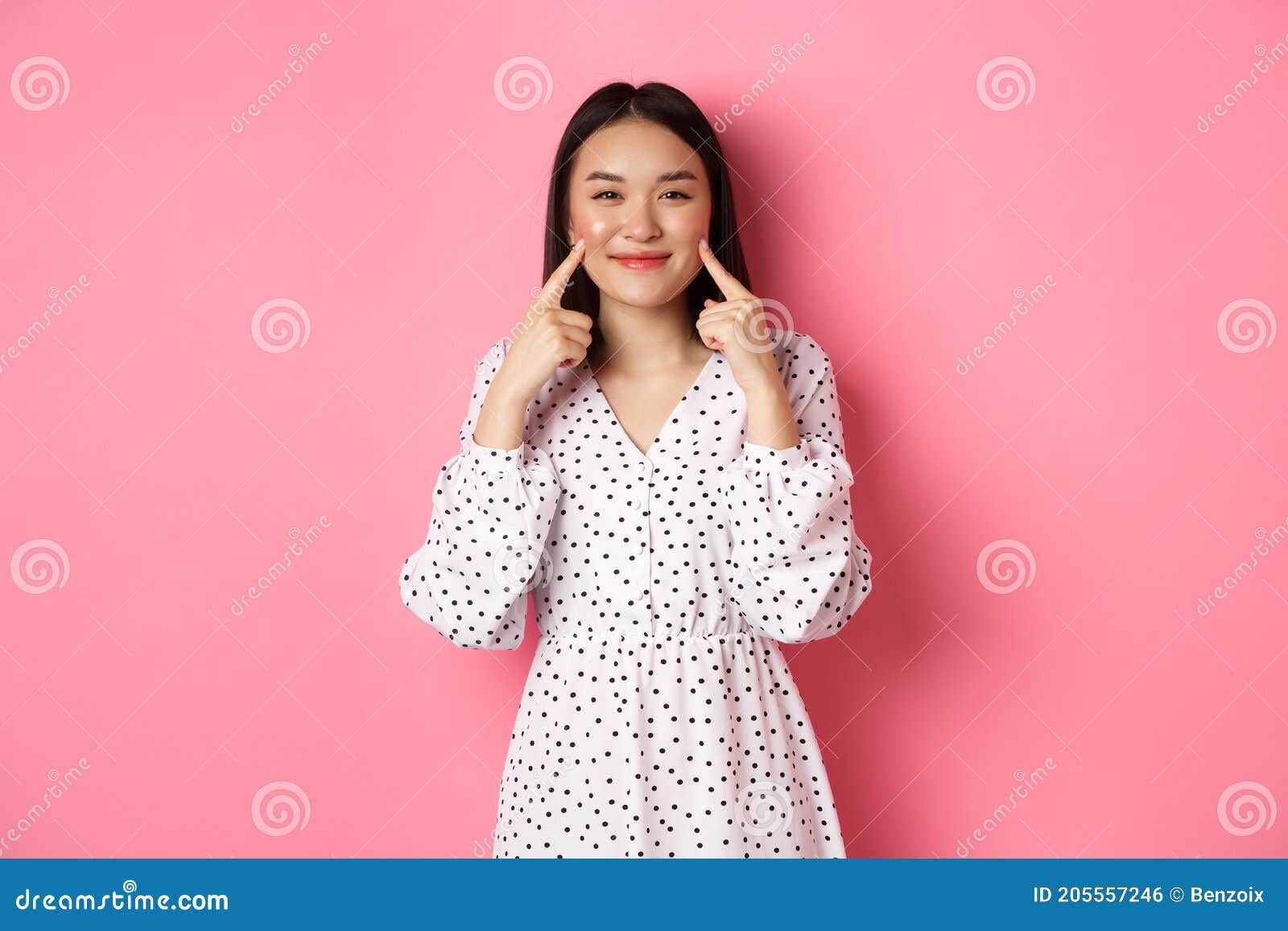 Cute Blushing Asian Girl Poking Cheeks, Smiling Happy at Camera ...