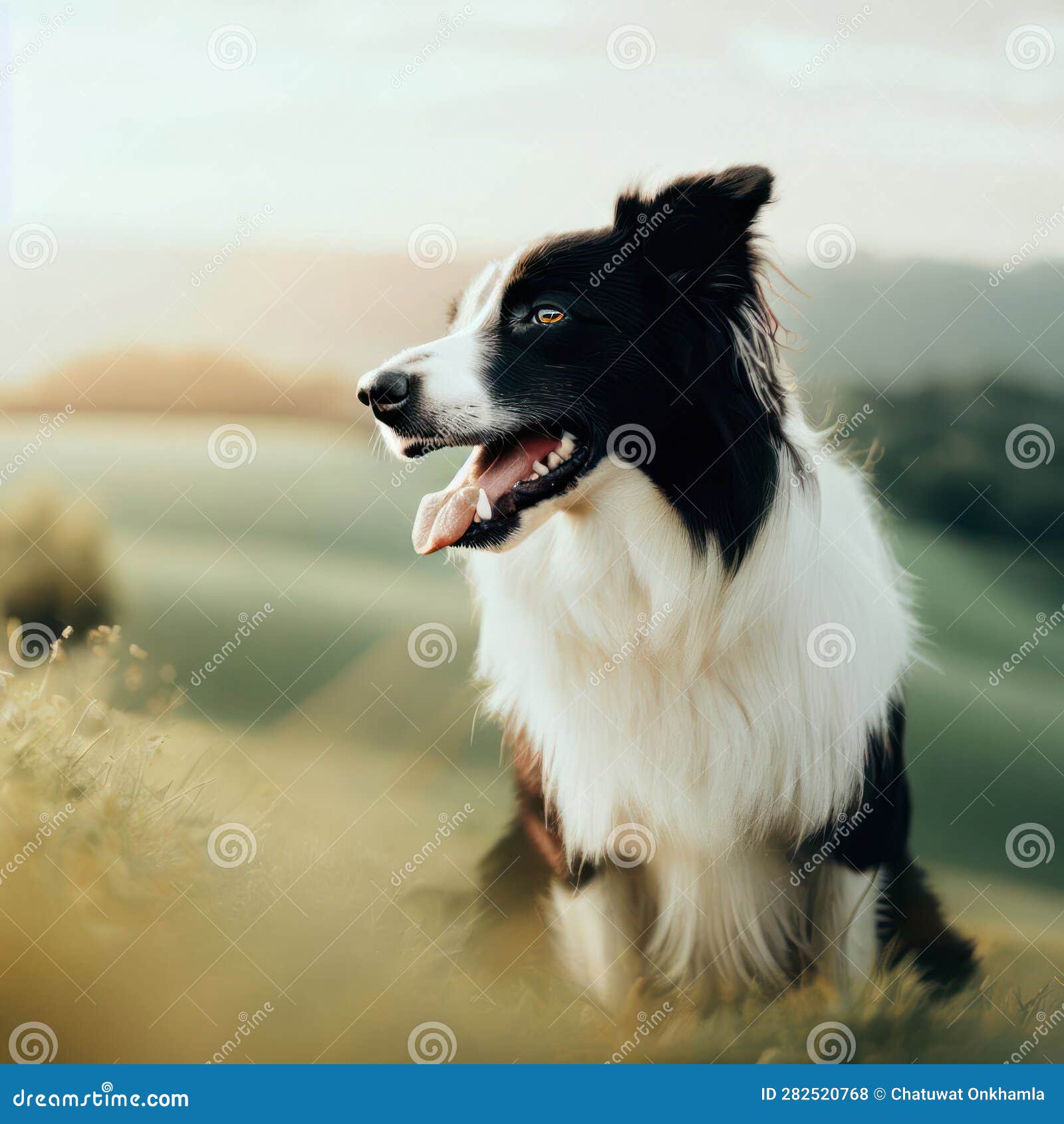 A Cute Border Collie on a Hillside with Copyspace.Generative AI Stock