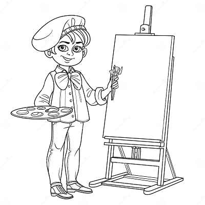 Cute Boy in Artist Costume with Palette and Brushes Near the Easel ...
