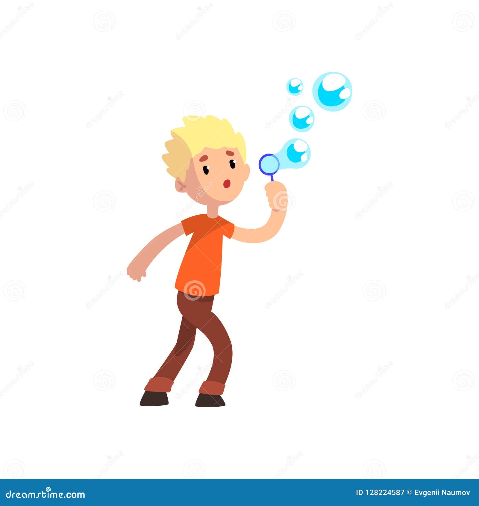 Cute Boy Blowing Soap Bubbles Cartoon Vector Illustration On A