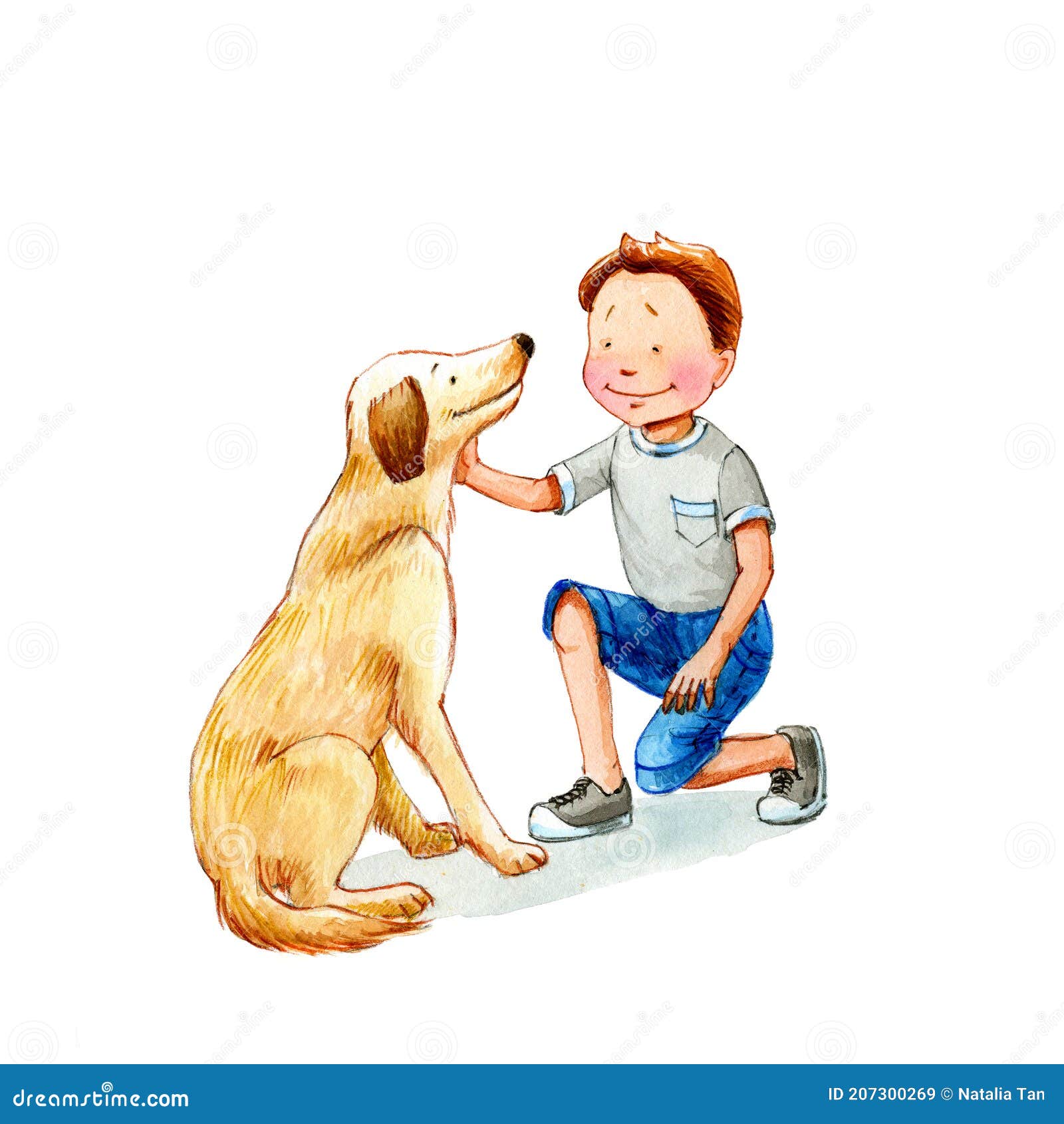 Cute Boy with Dog. Watercolor Illustration Isolated on White Background.  Stock Illustration - Illustration of clothing, nose: 207300269