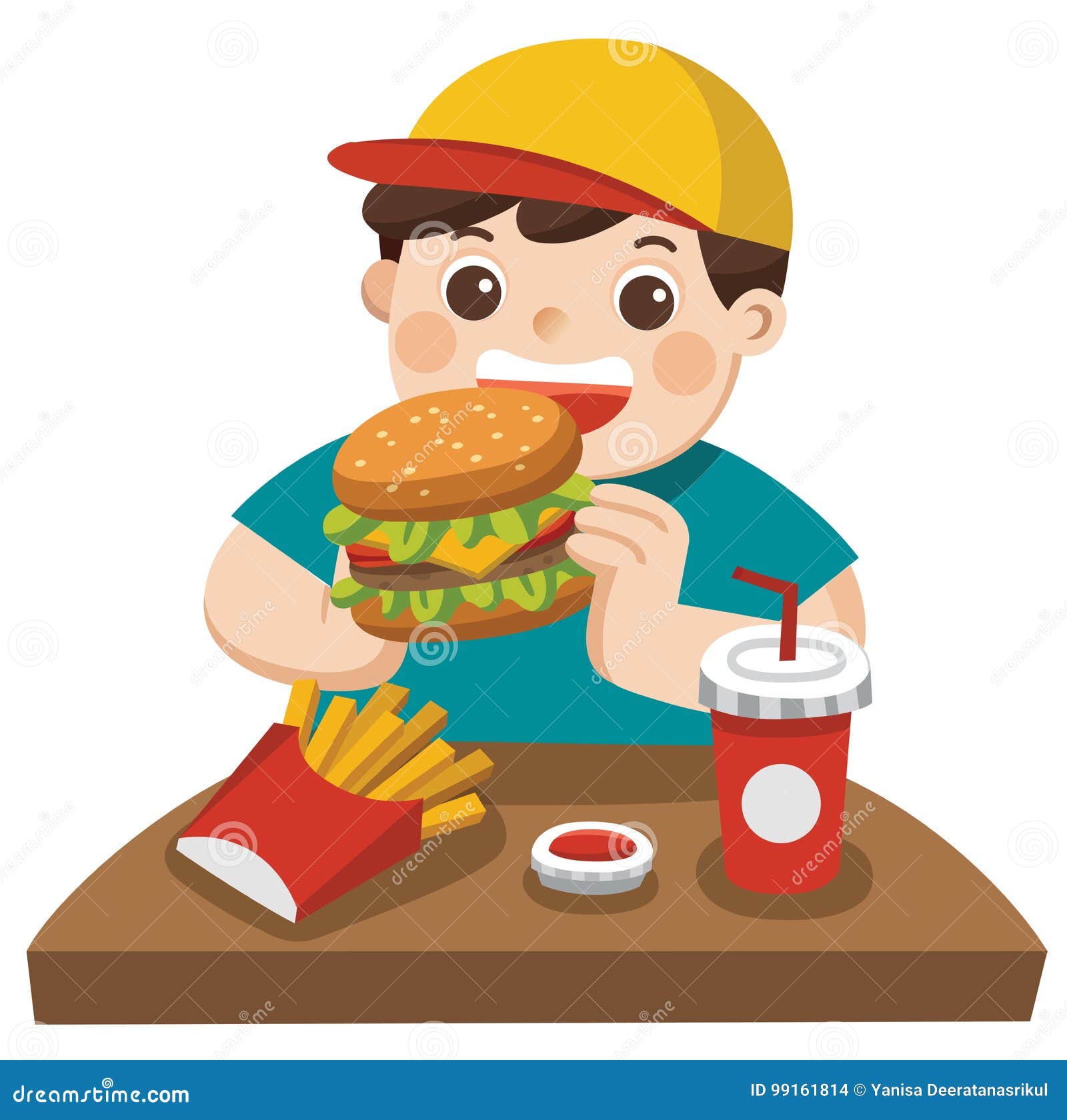a cute boy eat hamburger with french fries, and soda.