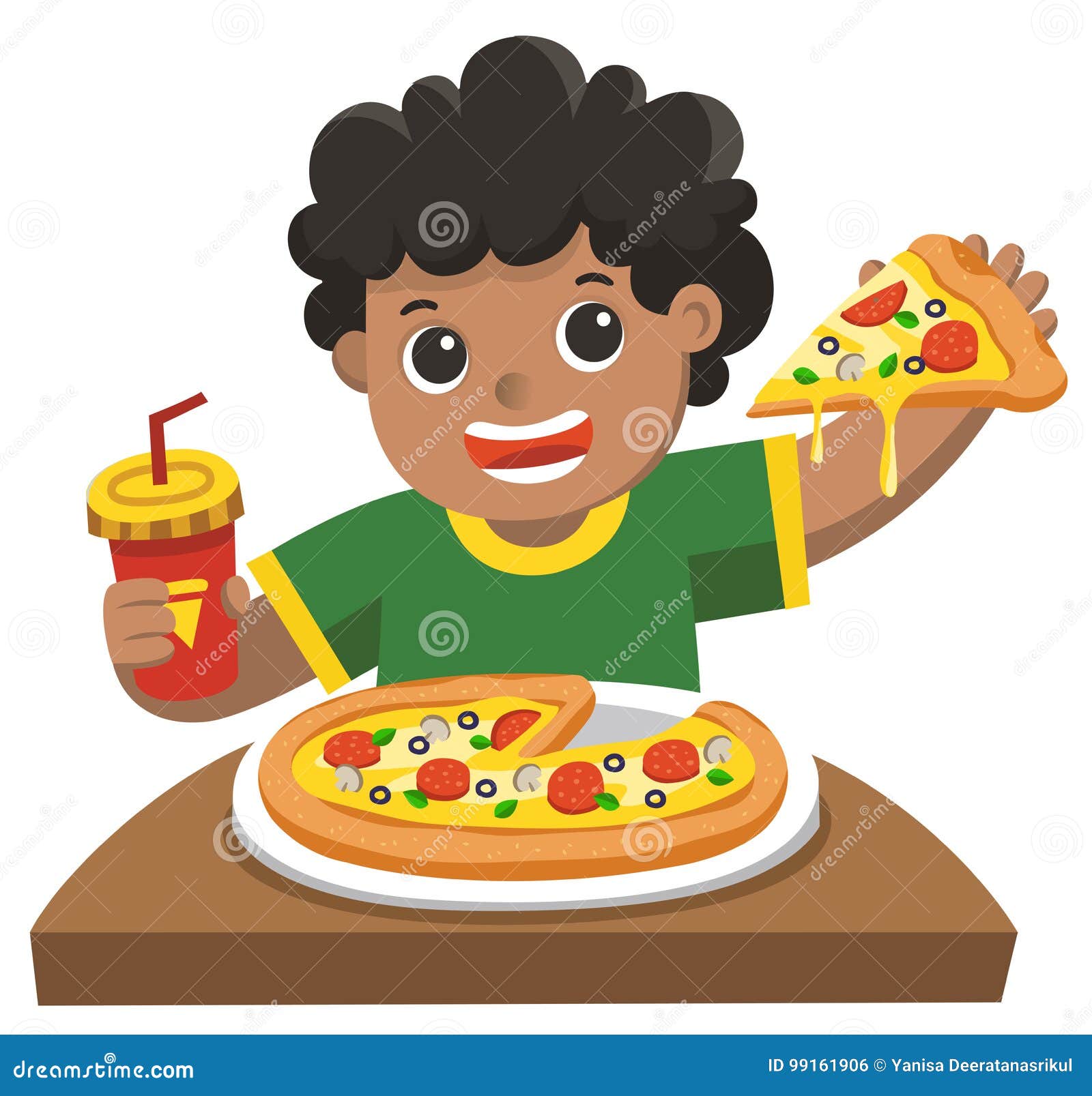 A cute boy eating pizza. stock vector. Illustration of lifestyle 99161906