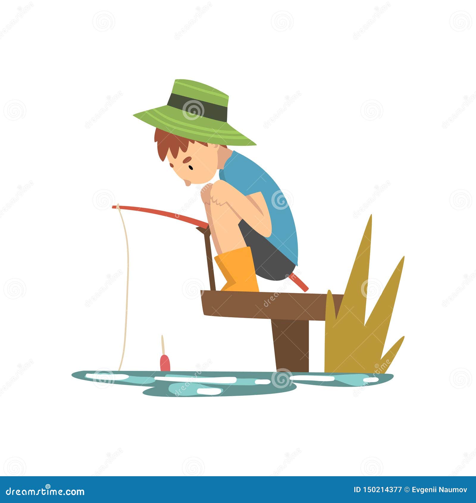 Download Cute Boy Fishing From Pier Into Sea Or River Shore, Fisherman Cartoon Character With Fishing Rod ...