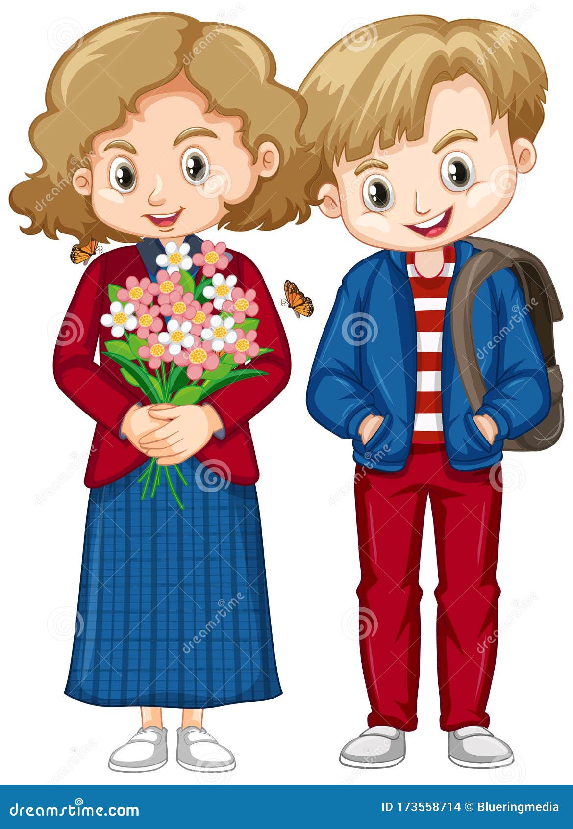 Cute Boy and Girl in Blue and Red Clothes Stock Vector - Illustration ...