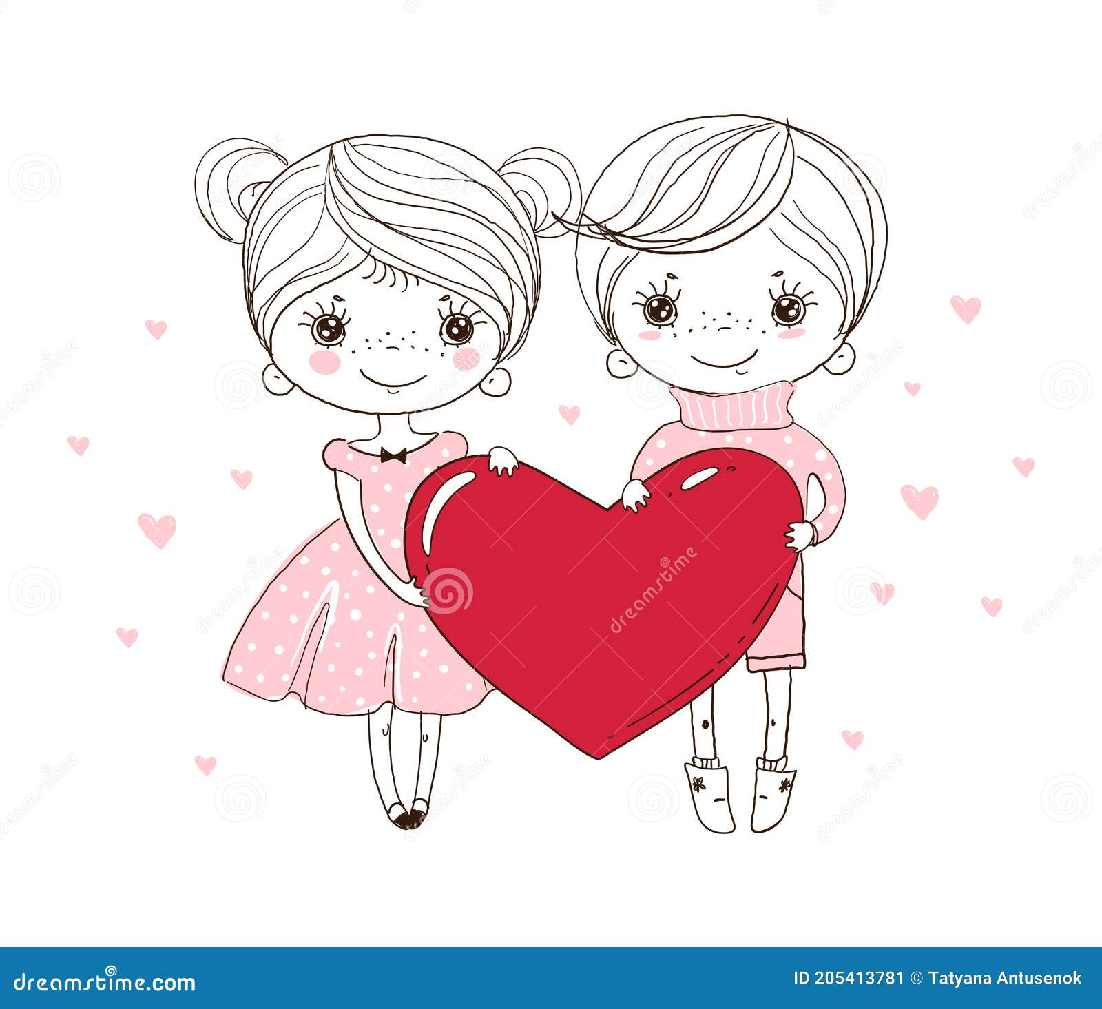 Cute Boy And Girl Are Holding A Big Red Heart Doodle Illustration For Wedding Valentine S Day Children S Card Sketch Stock Vector Illustration Of Line Drawing