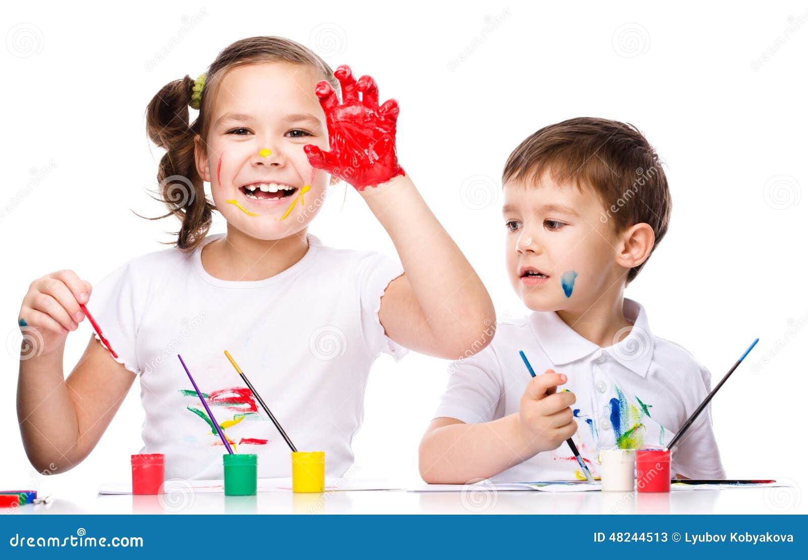 Cute Boy and Girl Playing with Paints Stock Image - Image of cutout ...