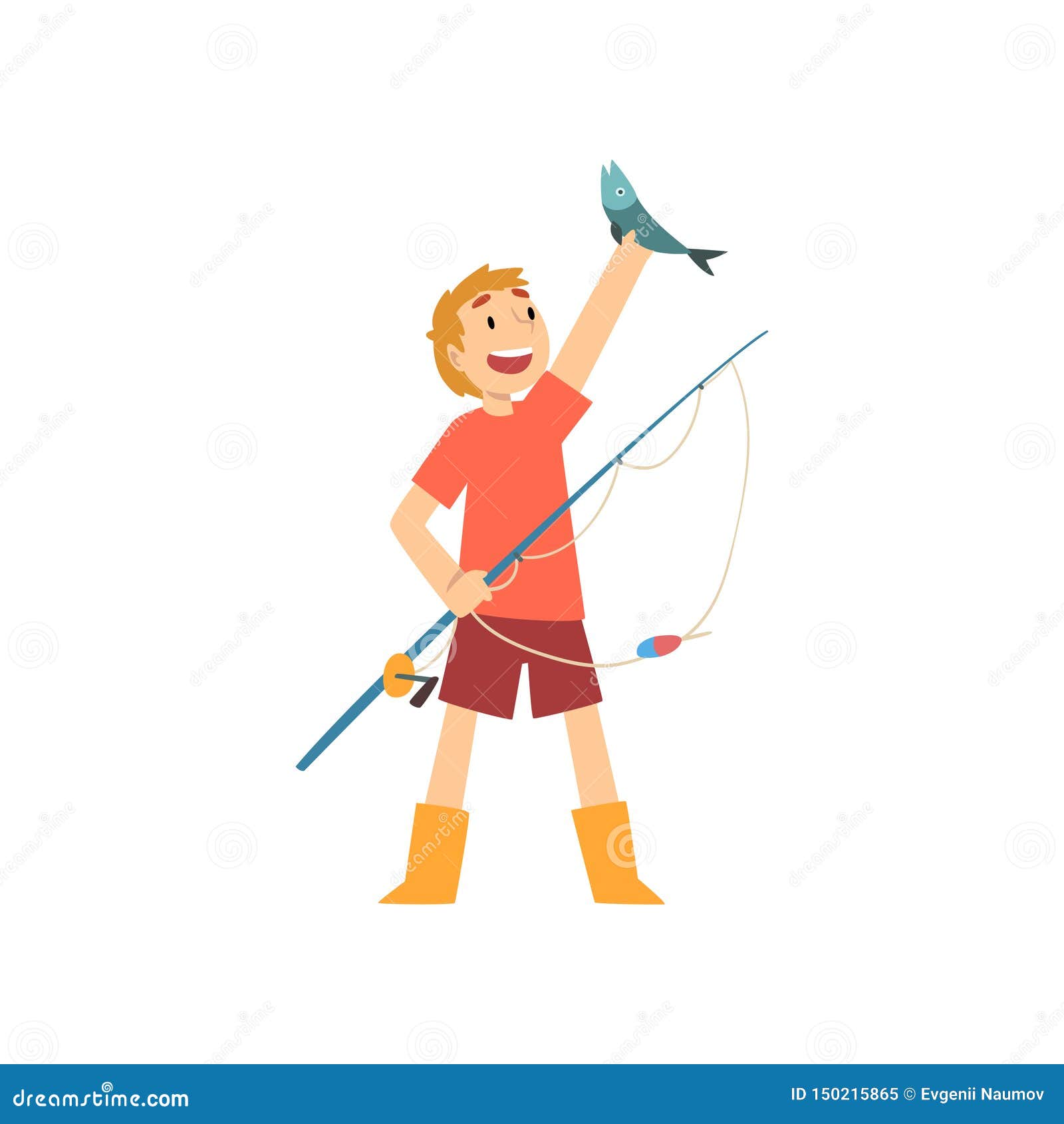 Cute Boy Holding Caught Fish, Little Fisherman Cartoon Character Vector ...