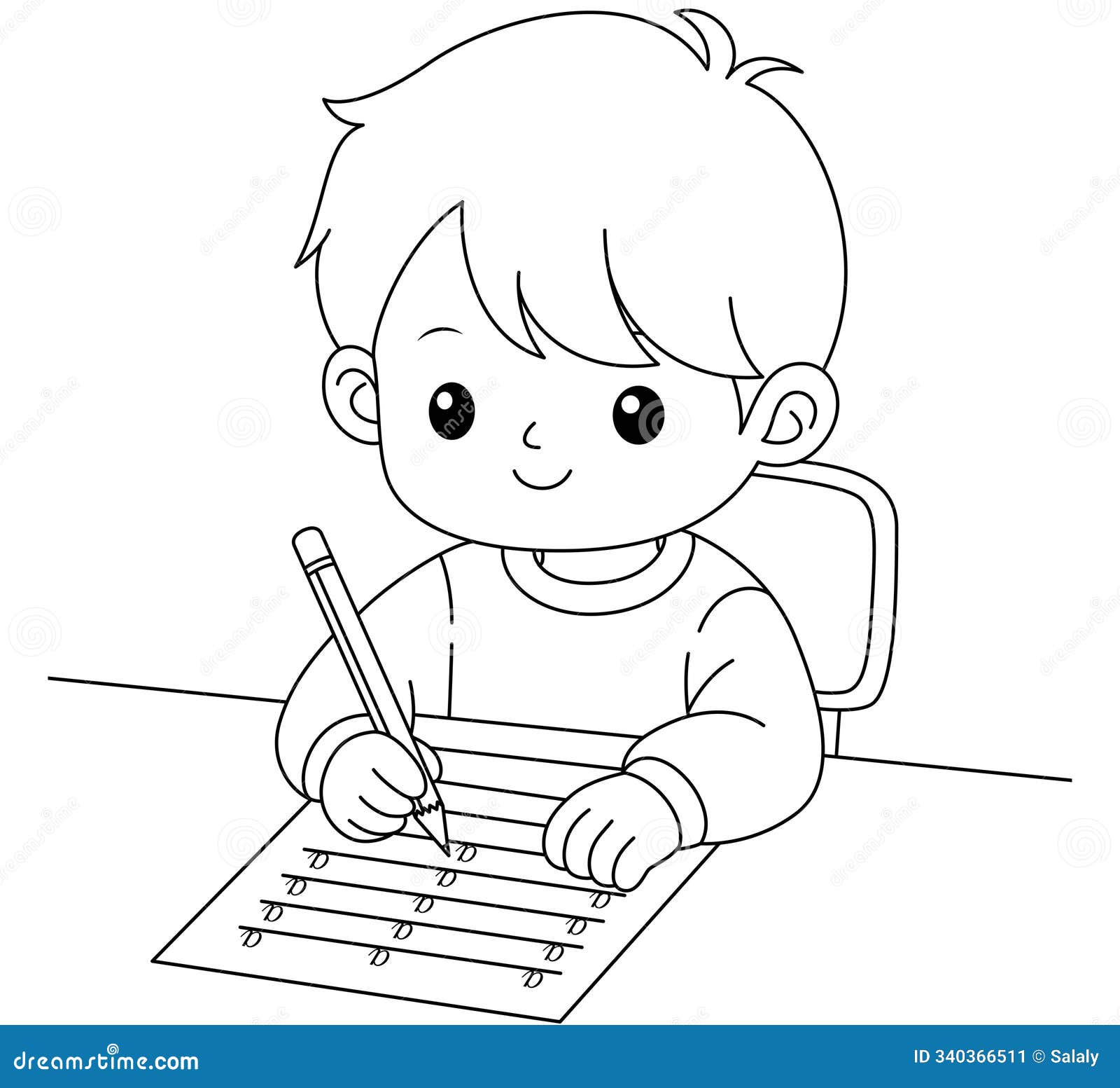 Cute boy is practicing writing letters outine coloring page stock