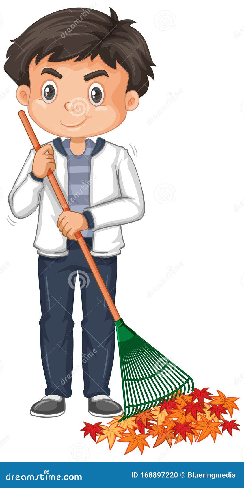 Cute Boy Raking Leaves, Kid Helping His Parents With Housework Or Doing ...