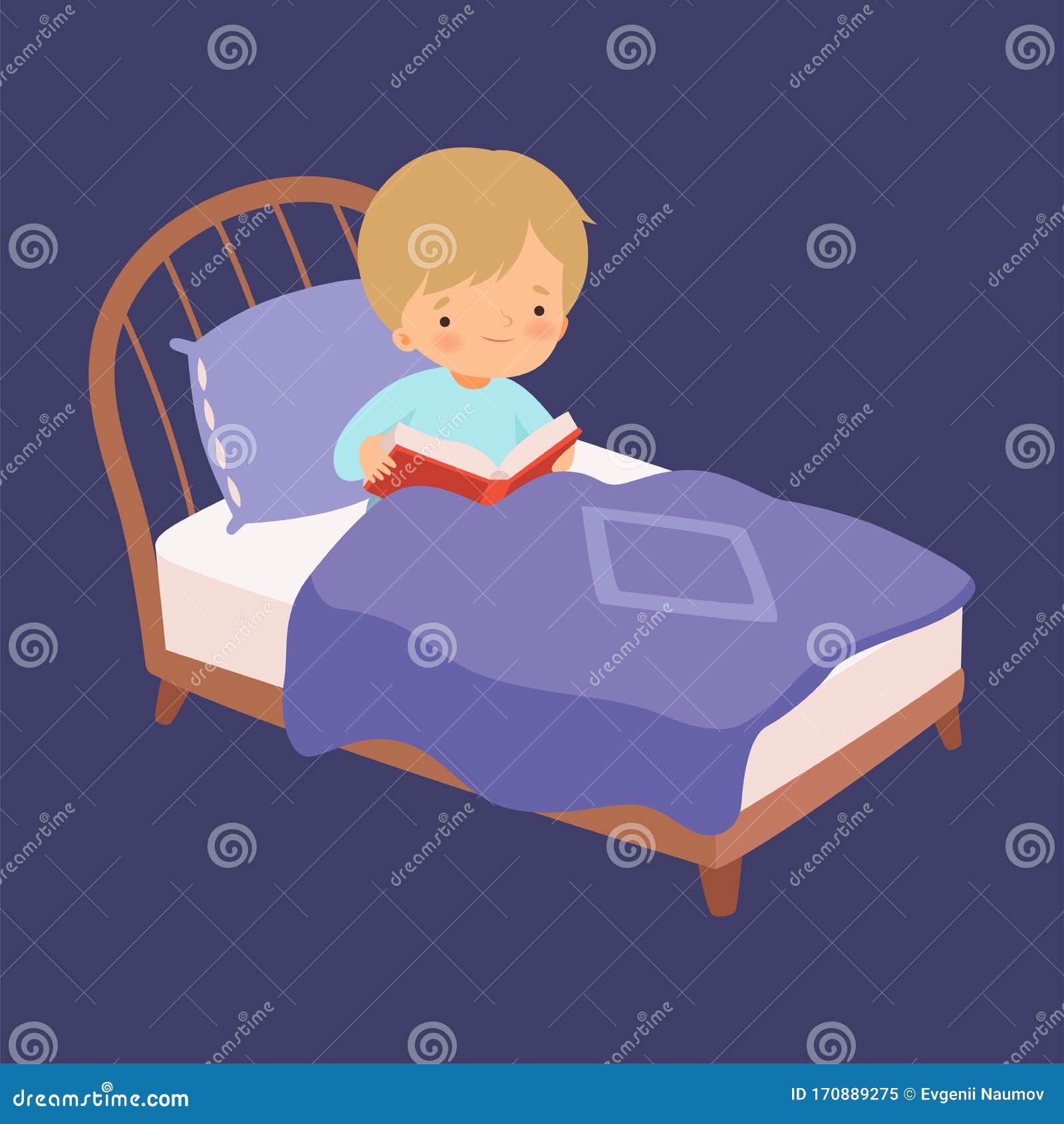 Cute Boy Reading A Bedtime Story In The Bed At Night Vector