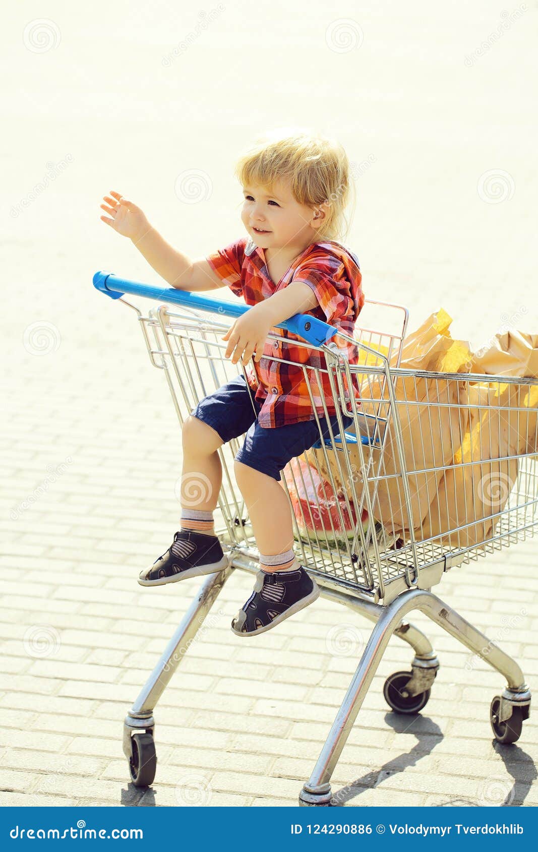 child in shopping trolley