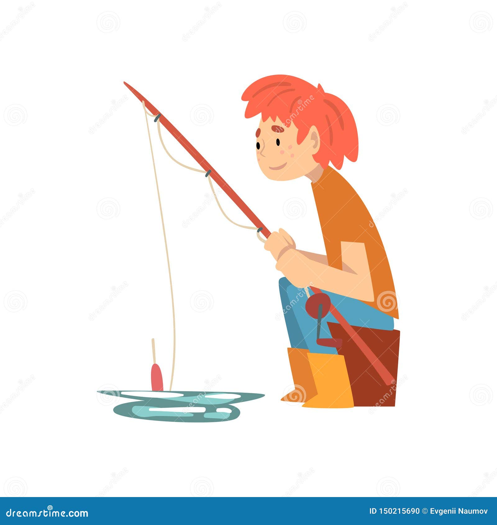 Cute Boy Sitting in Shore with Fishing Rod, Little Fisherman Cartoon ...