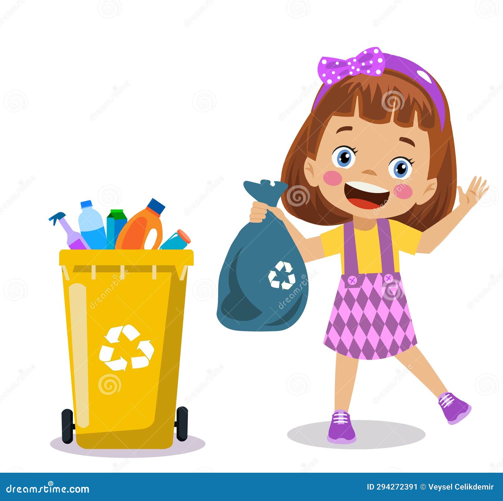 Cute Boy Throwing Trash in Recycle Bin Stock Illustration